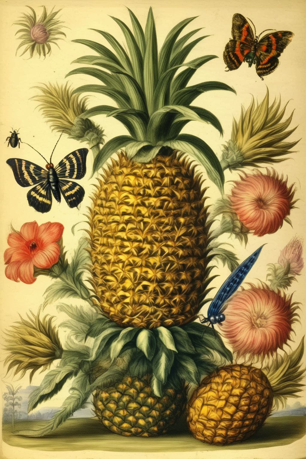 00085-1332829866-_lora_Maria Sibylla Merian Style_1_Maria Sibylla Merian Style - Maria Sibylla Merian, flora and butterfly insect drawing of pine.png